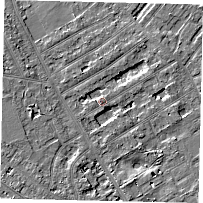 Shaded relief map of the ground around TW119LR, computed from Environment Agency LiDAR. The ground here sits at about 8 m above sea level and falls 6 m across the surrounding 800 m. Surface water reaching this point runs off ground lying to the west, 3.3 m higher.