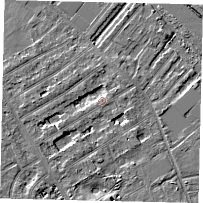 Shaded relief map of the ground around TW119LS, computed from Environment Agency LiDAR. The ground here sits at about 7 m above sea level and falls 5 m across the surrounding 800 m. Surface water reaching this point runs off ground lying to the west-south-west, 3.3 m higher.