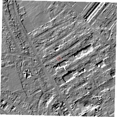 Shaded relief map of the ground around TW119LU, computed from Environment Agency LiDAR. The ground here sits at about 8 m above sea level and falls 6 m across the surrounding 800 m. Surface water reaching this point runs off ground lying to the north-east, 1.4 m higher.
