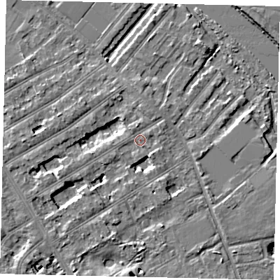 Shaded relief map of the ground around TW119LW, computed from Environment Agency LiDAR. The ground here sits at about 7 m above sea level and falls 5 m across the surrounding 800 m. Surface water reaching this point runs off ground lying to the south-west, 4.8 m higher.