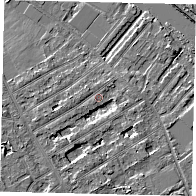 Shaded relief map of the ground around TW119LX, computed from Environment Agency LiDAR. The ground here sits at about 8 m above sea level and falls 6 m across the surrounding 800 m. Surface water reaching this point runs off ground lying to the south-west, 0.8 m higher.