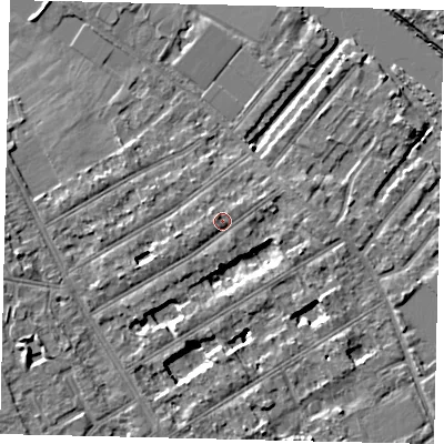Shaded relief map of the ground around TW119LZ, computed from Environment Agency LiDAR. The ground here sits at about 8 m above sea level and falls 6 m across the surrounding 800 m. Surface water reaching this point runs off ground lying to the west, 1.0 m higher.