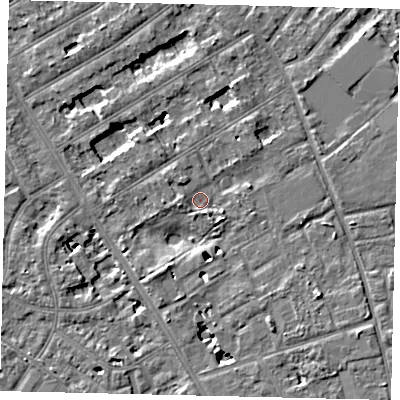 Shaded relief map of the ground around TW119NA, computed from Environment Agency LiDAR. The ground here sits at about 8 m above sea level and falls 7 m across the surrounding 800 m. Surface water reaching this point runs off ground lying to the south-south-east, 2.4 m higher.