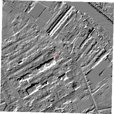 Shaded relief map of the ground around TW119NB, computed from Environment Agency LiDAR. The ground here sits at about 7 m above sea level and falls 5 m across the surrounding 800 m. Surface water reaching this point runs off ground lying to the west, 1.7 m higher.