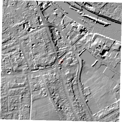 Shaded relief map of the ground around TW119ND, computed from Environment Agency LiDAR. The ground here sits at about 8 m above sea level and falls 8 m across the surrounding 800 m. Surface water reaching this point runs off ground lying to the south-south-west, 4.0 m higher.