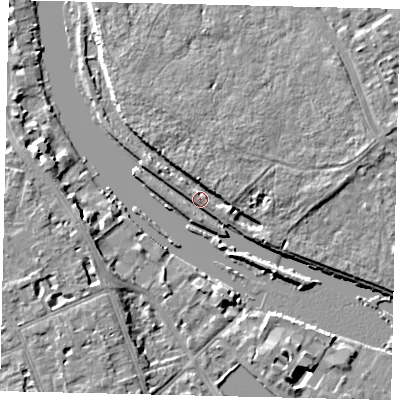 Shaded relief map of the ground around TW119NG, computed from Environment Agency LiDAR. The ground here sits at about 6 m above sea level and falls 7 m across the surrounding 800 m. Surface water reaching this point runs off ground lying to the north-north-east, 4.3 m higher.