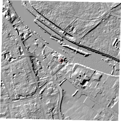Shaded relief map of the ground around TW119NH, computed from Environment Agency LiDAR. The ground here sits at about 6 m above sea level and falls 8 m across the surrounding 800 m. Surface water reaching this point runs off ground lying to the north-east, 3.0 m higher.