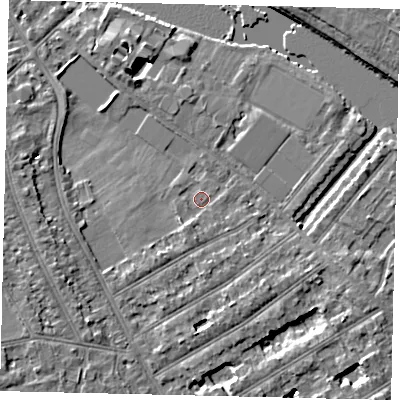 Shaded relief map of the ground around TW119NL, computed from Environment Agency LiDAR. The ground here sits at about 6 m above sea level and falls 7 m across the surrounding 800 m. Surface water reaching this point runs off ground lying to the south, 2.0 m higher.