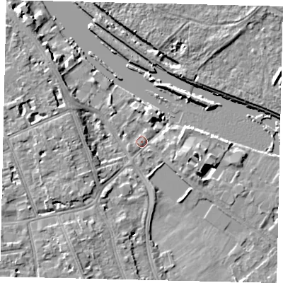 Shaded relief map of the ground around TW119NN, computed from Environment Agency LiDAR. The ground here sits at about 6 m above sea level and falls 8 m across the surrounding 800 m. Surface water reaching this point runs off ground lying to the south-south-west, 6.3 m higher.