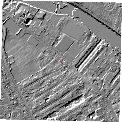Shaded relief map of the ground around TW119NP, computed from Environment Agency LiDAR. The ground here sits at about 6 m above sea level and falls 7 m across the surrounding 800 m. Surface water reaching this point runs off ground lying to the south-south-west, 2.6 m higher.