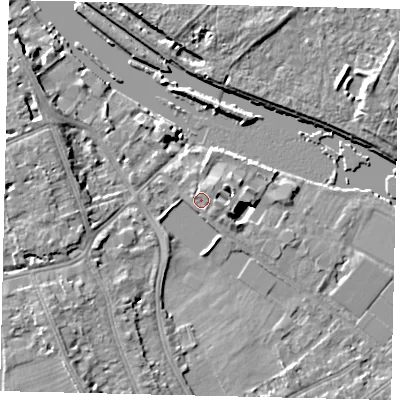 Shaded relief map of the ground around TW119NR, computed from Environment Agency LiDAR. The ground here sits at about 7 m above sea level and falls 9 m across the surrounding 800 m. Surface water reaching this point runs off ground lying to the south-west, 6.4 m higher.