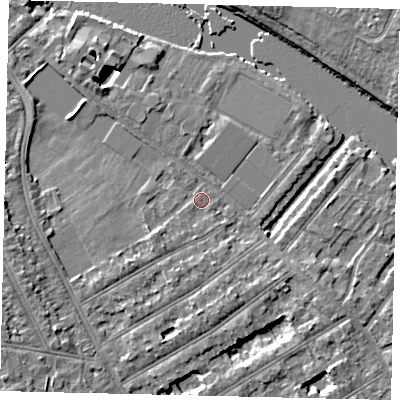 Shaded relief map of the ground around TW119NS, computed from Environment Agency LiDAR. The ground here sits at about 6 m above sea level and falls 7 m across the surrounding 800 m. Surface water reaching this point runs off ground lying to the south-south-west, 2.6 m higher.