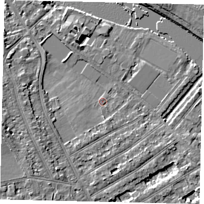 Shaded relief map of the ground around TW119NW, computed from Environment Agency LiDAR. The ground here sits at about 6 m above sea level and falls 8 m across the surrounding 800 m. Surface water reaching this point runs off ground lying to the south, 1.1 m higher.