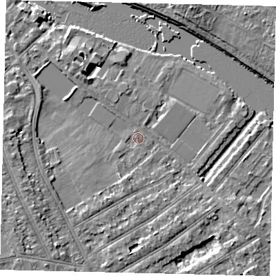 Shaded relief map of the ground around TW119NX, computed from Environment Agency LiDAR. The ground here sits at about 6 m above sea level and falls 8 m across the surrounding 800 m. Surface water reaching this point runs off ground lying to the south, 2.9 m higher.