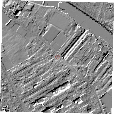 Shaded relief map of the ground around TW119NY, computed from Environment Agency LiDAR. The ground here sits at about 6 m above sea level and falls 7 m across the surrounding 800 m. Surface water reaching this point runs off ground lying to the south-south-west, 2.5 m higher.