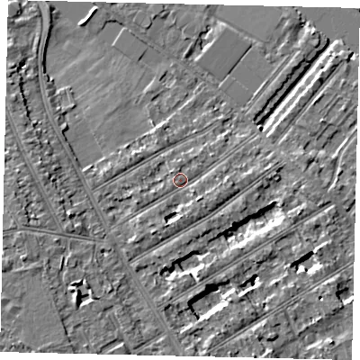 Shaded relief map of the ground around TW119PA, computed from Environment Agency LiDAR. The ground here sits at about 8 m above sea level and falls 6 m across the surrounding 800 m. Surface water reaching this point runs off ground lying to the east-south-east, 1.5 m higher.