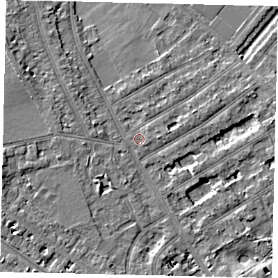 Shaded relief map of the ground around TW119PB, computed from Environment Agency LiDAR. The ground here sits at about 7 m above sea level and falls 6 m across the surrounding 800 m. Surface water reaching this point runs off ground lying to the east-south-east, 0.9 m higher.