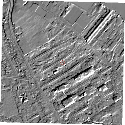 Shaded relief map of the ground around TW119PD, computed from Environment Agency LiDAR. The ground here sits at about 8 m above sea level and falls 6 m across the surrounding 800 m. Surface water reaching this point runs off ground lying to the east-south-east, 1.5 m higher.