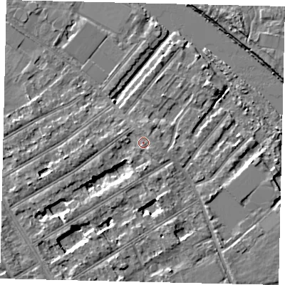 Shaded relief map of the ground around TW119PF, computed from Environment Agency LiDAR. The ground here sits at about 8 m above sea level and falls 5 m across the surrounding 800 m. Surface water reaching this point runs off ground lying to the west-south-west, 1.7 m higher.