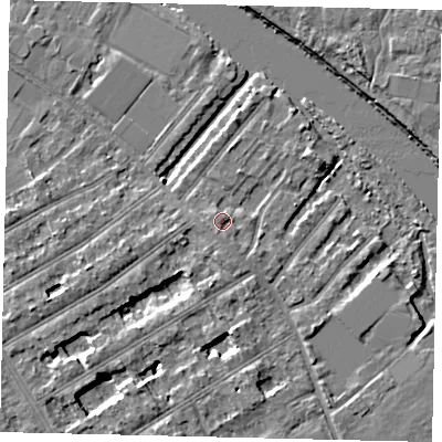 Shaded relief map of the ground around TW119PG, computed from Environment Agency LiDAR. The ground here sits at about 8 m above sea level and falls 5 m across the surrounding 800 m. Surface water reaching this point runs off ground lying to the south-south-west, 1.2 m higher.