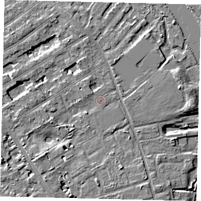 Shaded relief map of the ground around TW119PH, computed from Environment Agency LiDAR. The ground here sits at about 8 m above sea level and falls 7 m across the surrounding 800 m. Surface water reaching this point runs off ground lying to the south-west, 2.4 m higher.