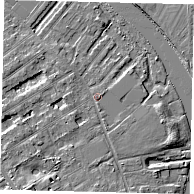 Shaded relief map of the ground around TW119PJ, computed from Environment Agency LiDAR. The ground here sits at about 8 m above sea level and falls 6 m across the surrounding 800 m. Surface water reaching this point runs off ground lying to the west-south-west, 2.3 m higher.