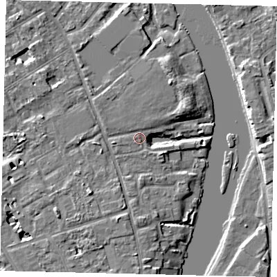 Shaded relief map of the ground around TW119PL, computed from Environment Agency LiDAR. The ground here sits at about 8 m above sea level and falls 7 m across the surrounding 800 m. Surface water reaching this point runs off ground lying to the south-west, 3.8 m higher.
