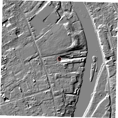 Shaded relief map of the ground around TW119PN, computed from Environment Agency LiDAR. The ground here sits at about 6 m above sea level and falls 7 m across the surrounding 800 m. Surface water reaching this point runs off ground lying to the south-west, 6.2 m higher.