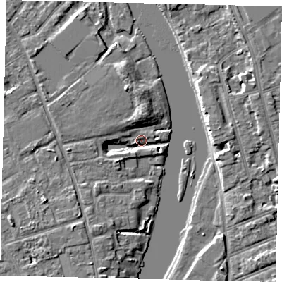 Shaded relief map of the ground around TW119PP, computed from Environment Agency LiDAR. The ground here sits at about 5 m above sea level and falls 6 m across the surrounding 800 m. Surface water reaching this point runs off ground lying to the west-south-west, 6.3 m higher.