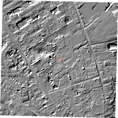 Shaded relief map of the ground around TW119PR, computed from Environment Agency LiDAR. The ground here sits at about 8 m above sea level and falls 7 m across the surrounding 800 m. Surface water reaching this point runs off ground lying to the south-south-east, 4.8 m higher.