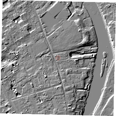 Shaded relief map of the ground around TW119PT, computed from Environment Agency LiDAR. The ground here sits at about 7 m above sea level and falls 7 m across the surrounding 800 m. Surface water reaching this point runs off ground lying to the south-south-west, 3.9 m higher.