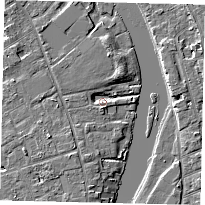 Shaded relief map of the ground around TW119PW, computed from Environment Agency LiDAR. The ground here sits at about 7 m above sea level and falls 6 m across the surrounding 800 m. Surface water reaching this point runs off ground lying to the west-south-west, 6.2 m higher.