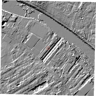 Shaded relief map of the ground around TW119QH, computed from Environment Agency LiDAR. The ground here sits at about 6 m above sea level and falls 8 m across the surrounding 800 m. The ground contributing surface water to this point lies to the north-east.