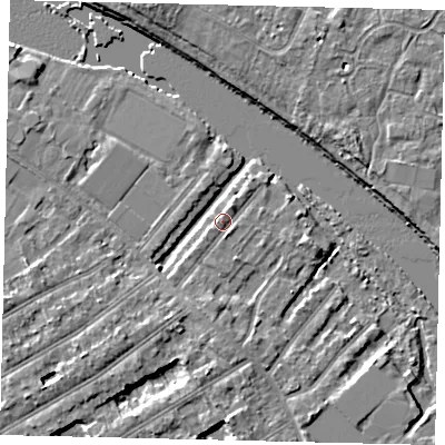 Shaded relief map of the ground around TW119QJ, computed from Environment Agency LiDAR. The ground here sits at about 7 m above sea level and falls 6 m across the surrounding 800 m. Surface water reaching this point runs off ground lying to the south-west, 2.5 m higher.