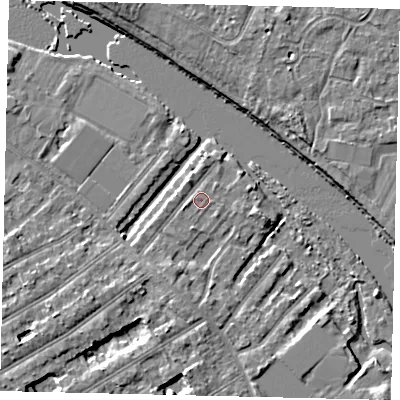 Shaded relief map of the ground around TW119QL, computed from Environment Agency LiDAR. The ground here sits at about 6 m above sea level and falls 6 m across the surrounding 800 m. Surface water reaching this point runs off ground lying to the south-west, 2.6 m higher.