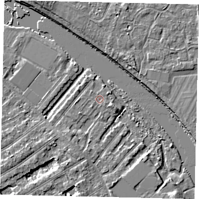 Shaded relief map of the ground around TW119QN, computed from Environment Agency LiDAR. The ground here sits at about 6 m above sea level and falls 6 m across the surrounding 800 m. Surface water reaching this point runs off ground lying to the south-west, 0.7 m higher.