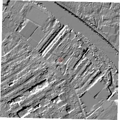 Shaded relief map of the ground around TW119QP, computed from Environment Agency LiDAR. The ground here sits at about 6 m above sea level and falls 5 m across the surrounding 800 m. Surface water reaching this point runs off ground lying to the south-south-west, 2.3 m higher.