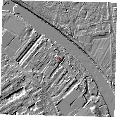 Shaded relief map of the ground around TW119QQ, computed from Environment Agency LiDAR. The ground here sits at about 8 m above sea level and falls 6 m across the surrounding 800 m. Surface water reaching this point runs off ground lying to the north-east, 2.1 m higher.