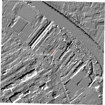 Shaded relief map of the ground around TW119QR, computed from Environment Agency LiDAR. The ground here sits at about 6 m above sea level and falls 5 m across the surrounding 800 m. Surface water reaching this point runs off ground lying to the south-west, 2.3 m higher.