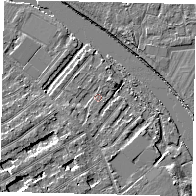 Shaded relief map of the ground around TW119QS, computed from Environment Agency LiDAR. The ground here sits at about 6 m above sea level and falls 5 m across the surrounding 800 m. Surface water reaching this point runs off ground lying to the west-south-west, 2.3 m higher.