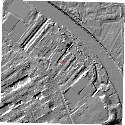 Shaded relief map of the ground around TW119QT, computed from Environment Agency LiDAR. The ground here sits at about 6 m above sea level and falls 5 m across the surrounding 800 m. Surface water reaching this point runs off ground lying to the south-west, 2.7 m higher.
