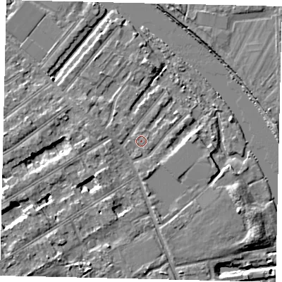 Shaded relief map of the ground around TW119QU, computed from Environment Agency LiDAR. The ground here sits at about 7 m above sea level and falls 5 m across the surrounding 800 m. Surface water reaching this point runs off ground lying to the south-east, 0.7 m higher.