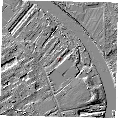 Shaded relief map of the ground around TW119QX, computed from Environment Agency LiDAR. The ground here sits at about 7 m above sea level and falls 6 m across the surrounding 800 m. Surface water reaching this point runs off ground lying to the south-south-west, 2.2 m higher.