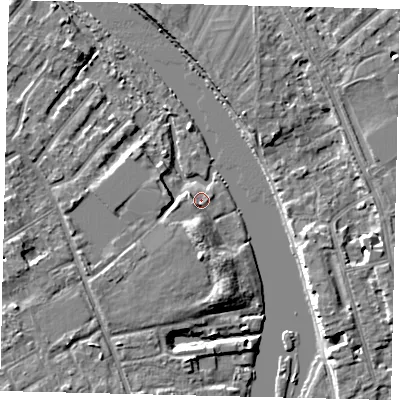Shaded relief map of the ground around TW119QY, computed from Environment Agency LiDAR. The ground here sits at about 6 m above sea level and falls 5 m across the surrounding 800 m. Surface water reaching this point runs off ground lying to the south-south-east, 3.7 m higher.