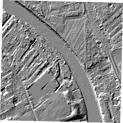 Shaded relief map of the ground around TW119QZ, computed from Environment Agency LiDAR. The ground here sits at about 5 m above sea level and falls 6 m across the surrounding 800 m. Surface water reaching this point runs off ground lying to the south, 3.3 m higher.
