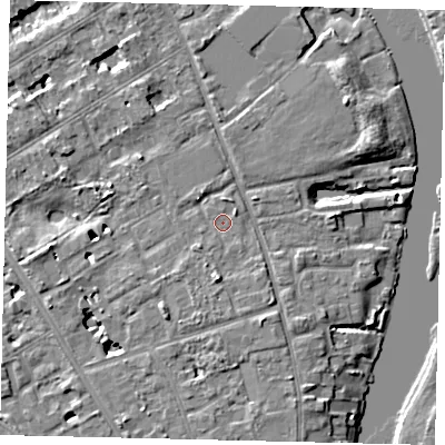 Shaded relief map of the ground around TW119RH, computed from Environment Agency LiDAR. The ground here sits at about 8 m above sea level and falls 7 m across the surrounding 800 m. Surface water reaching this point runs off ground lying to the south, 2.7 m higher.