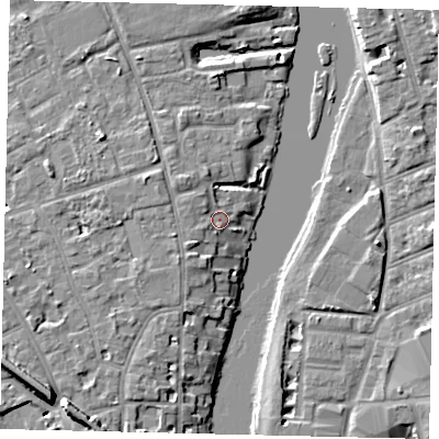 Shaded relief map of the ground around TW119RN, computed from Environment Agency LiDAR. The ground here sits at about 7 m above sea level and falls 9 m across the surrounding 800 m. Surface water reaching this point runs off ground lying to the west, 2.1 m higher.