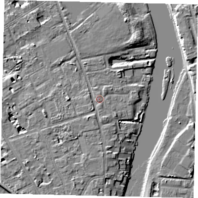 Shaded relief map of the ground around TW119RR, computed from Environment Agency LiDAR. The ground here sits at about 8 m above sea level and falls 7 m across the surrounding 800 m. Surface water reaching this point runs off ground lying to the south-south-west, 2.0 m higher.