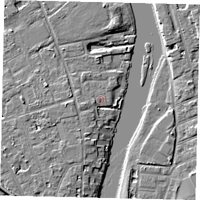 Shaded relief map of the ground around TW119RS, computed from Environment Agency LiDAR. The ground here sits at about 8 m above sea level and falls 8 m across the surrounding 800 m. Surface water reaching this point runs off ground lying to the south-west, 2.7 m higher.