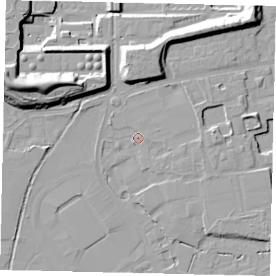 Shaded relief map of the ground around TW11AG, computed from Environment Agency LiDAR. The ground here sits at about 10 m above sea level and falls 25 m across the surrounding 800 m. Surface water reaching this point runs off ground lying to the east, 2.2 m higher.